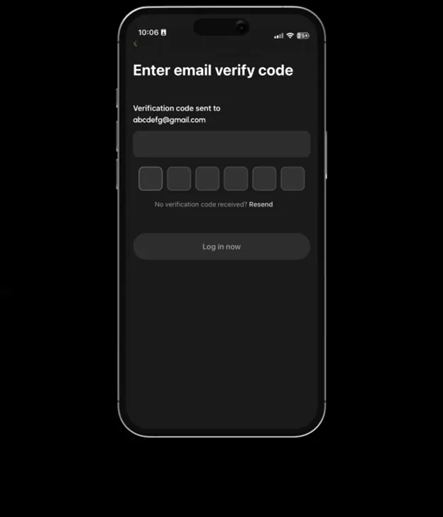 App screen asking for an email verification code